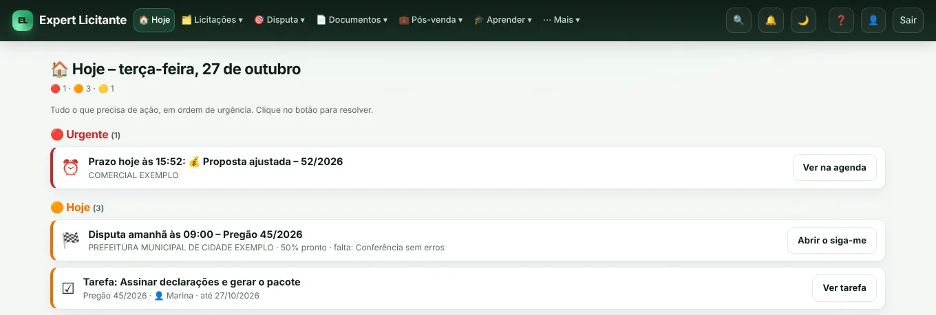A tela Hoje junta, por urgência, tudo o que precisa de você: prazos, disputas, tarefas e certidões.